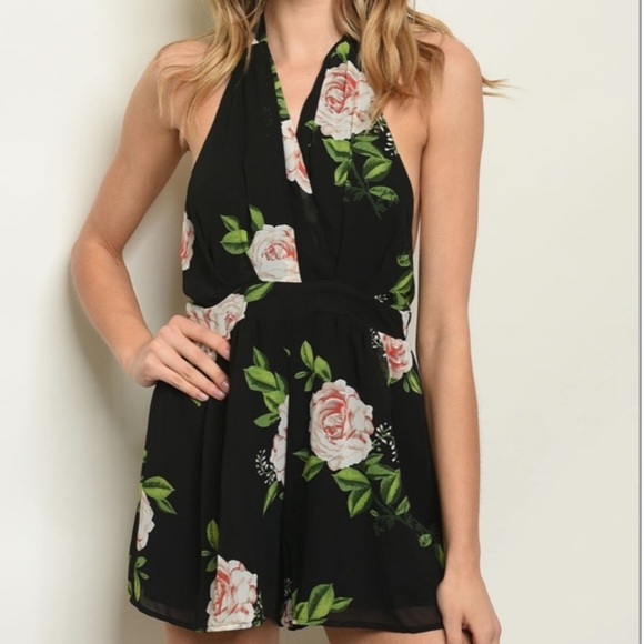 Pants - Black Floral Print Tie Neck Romper